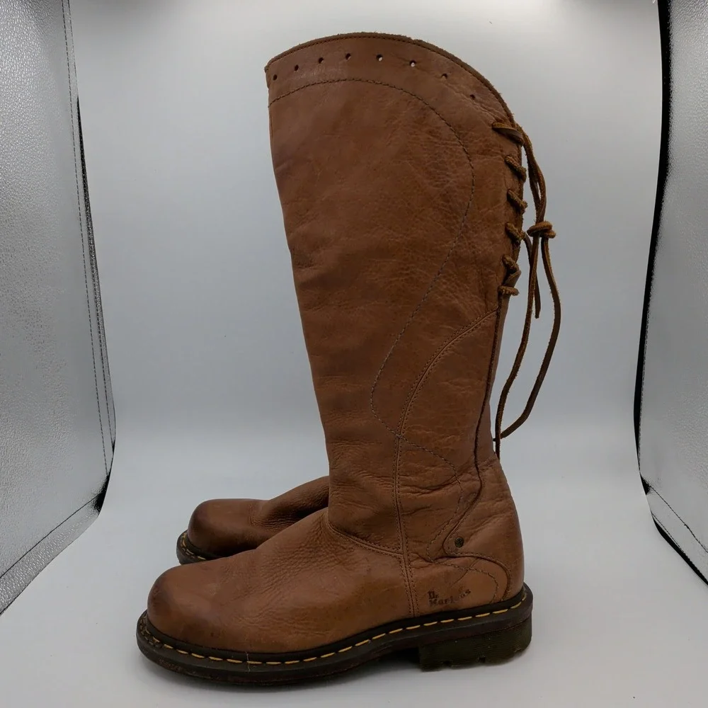 Dr Martens 11484 Slate Hi Peanut Brown Leather Women 9 Tall Knee High Boots Lace